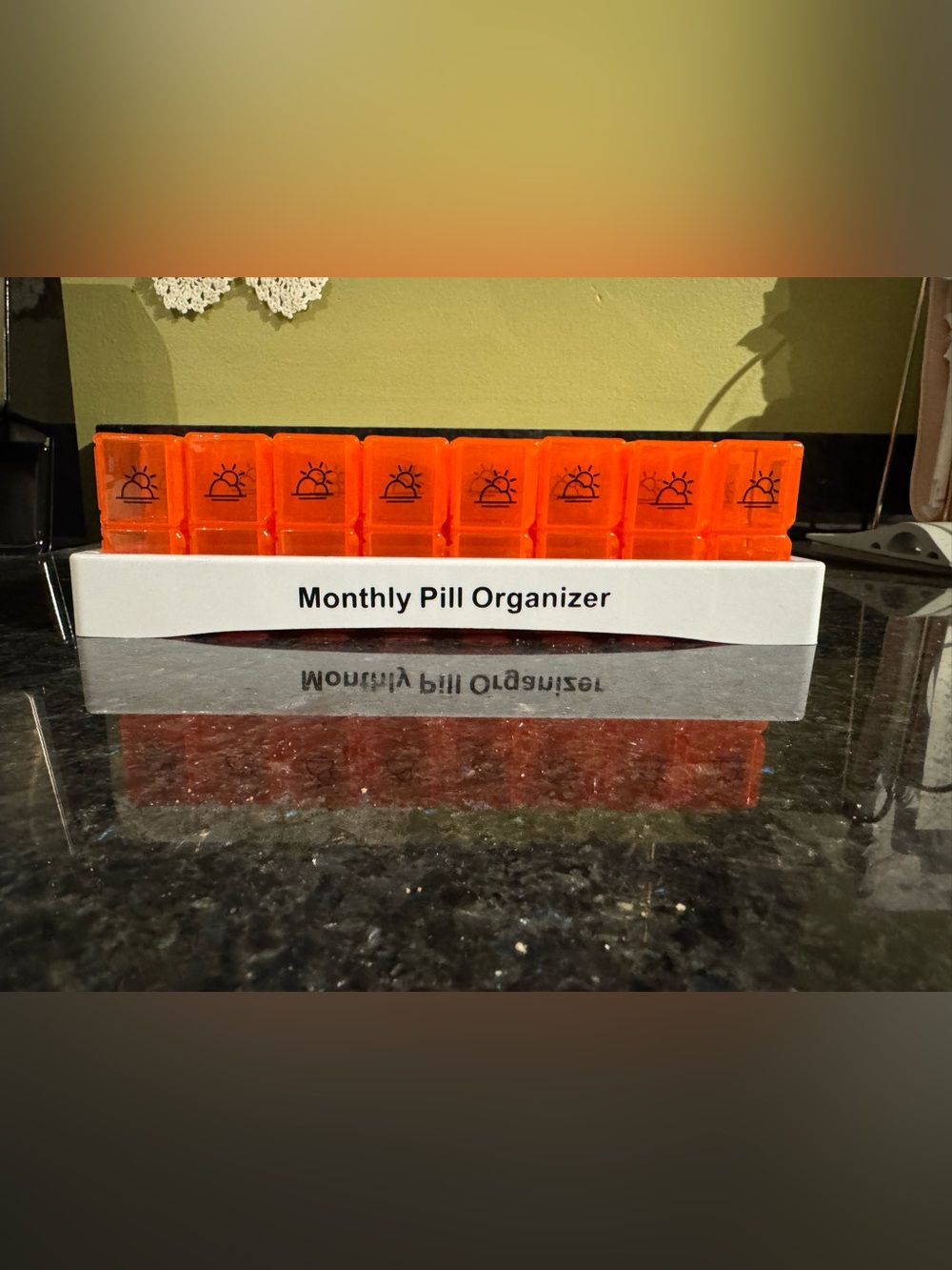 Monthly Day & Night Pill Organizer in Translucent Orange & White Organizing Tray
